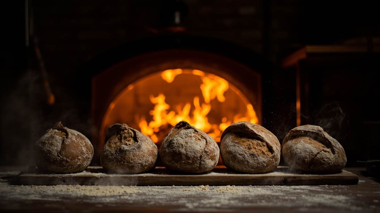 Pains au levain sur la pelle en bois devant le four, à 4h30 du matin