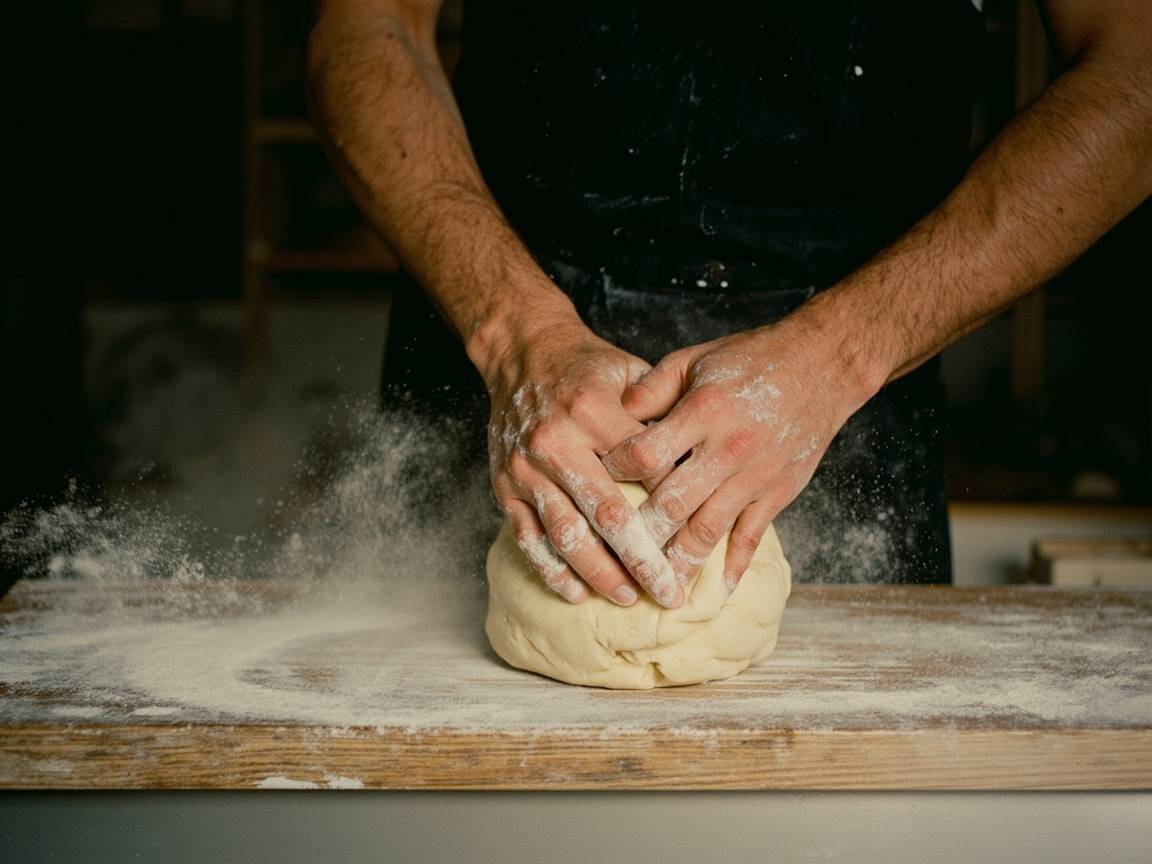 Les mains du boulanger pétrissent la pâte sur le plan de travail fariné
