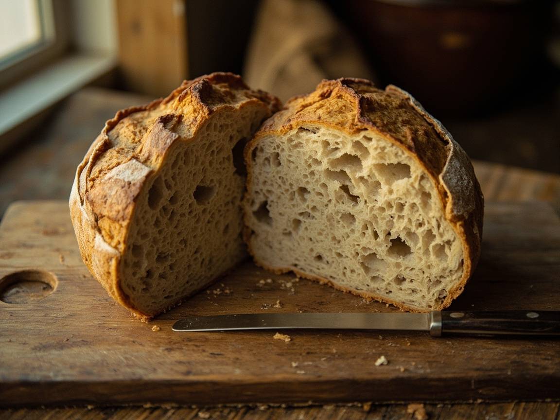 Tourte au levain tranchée, mie ouverte et croûte caramélisée