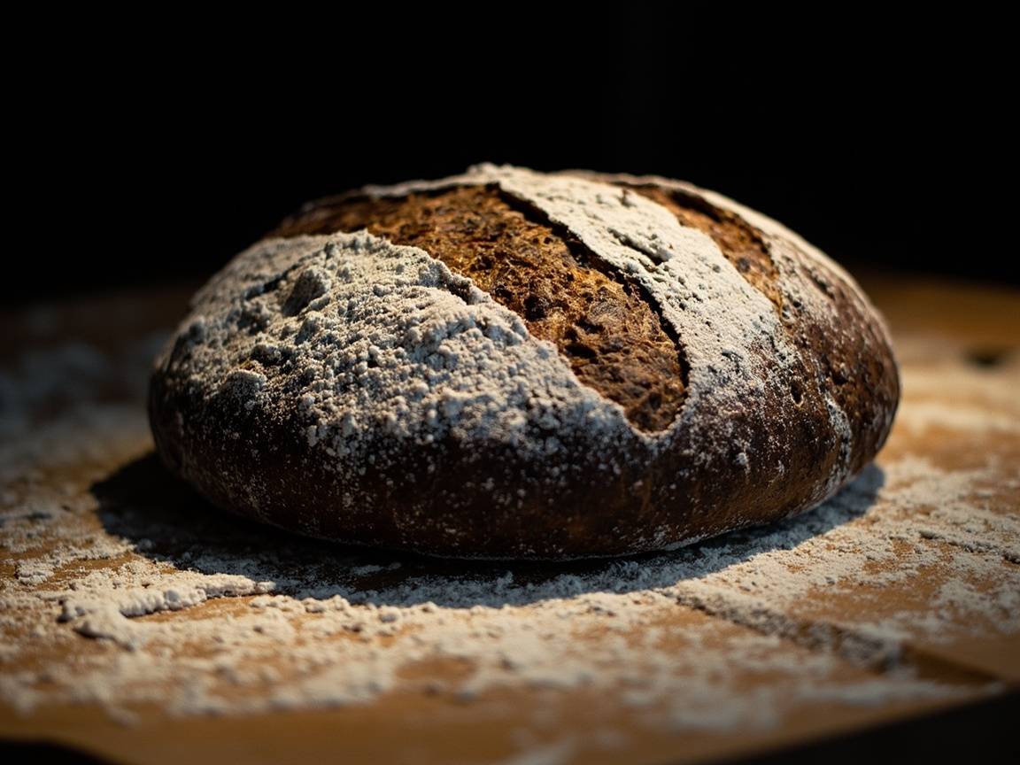 Tourte de seigle farinée sur la pelle en bois